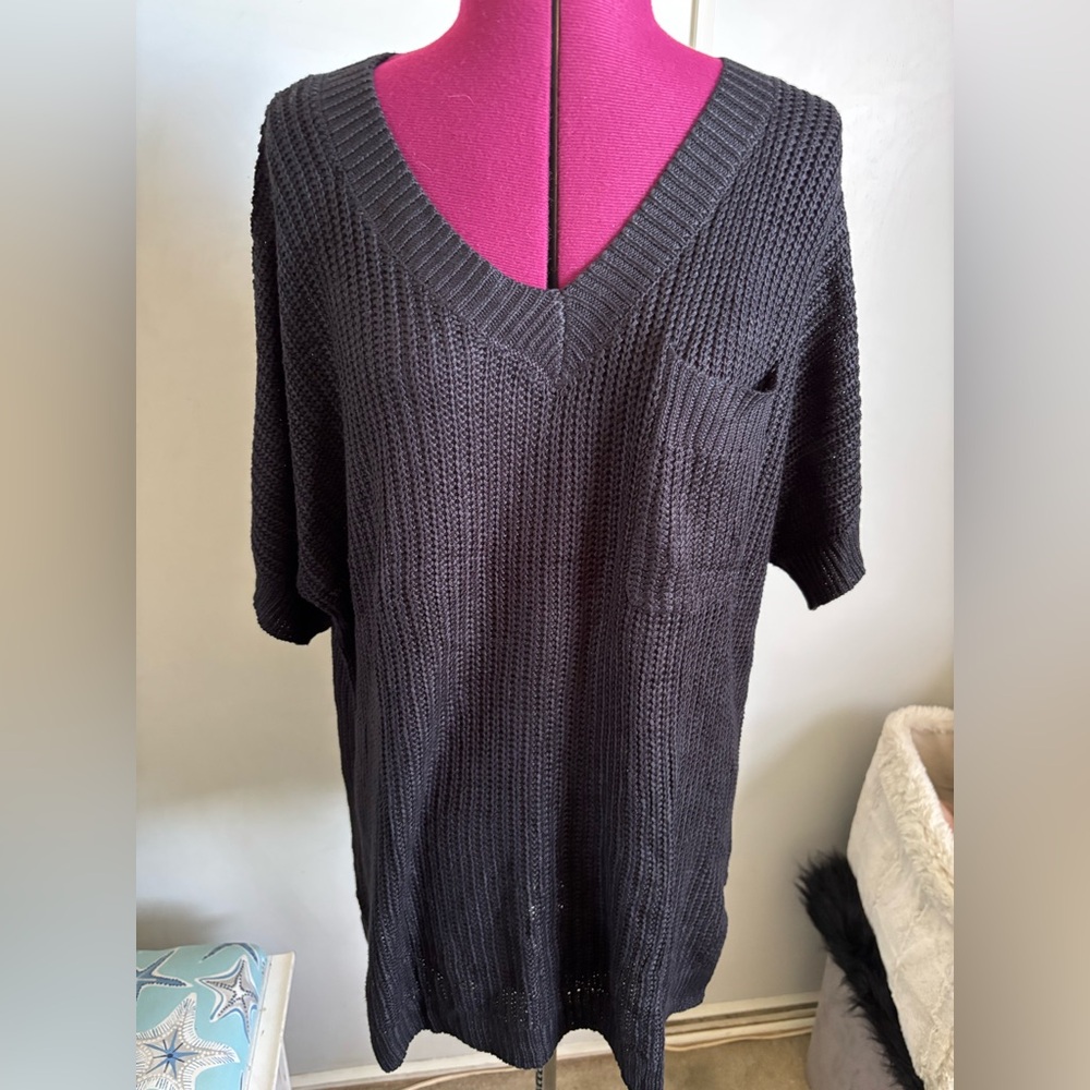 NWT DOKOTOO Black V-Neck Knit Sweater, with front pocket, Size 2XL